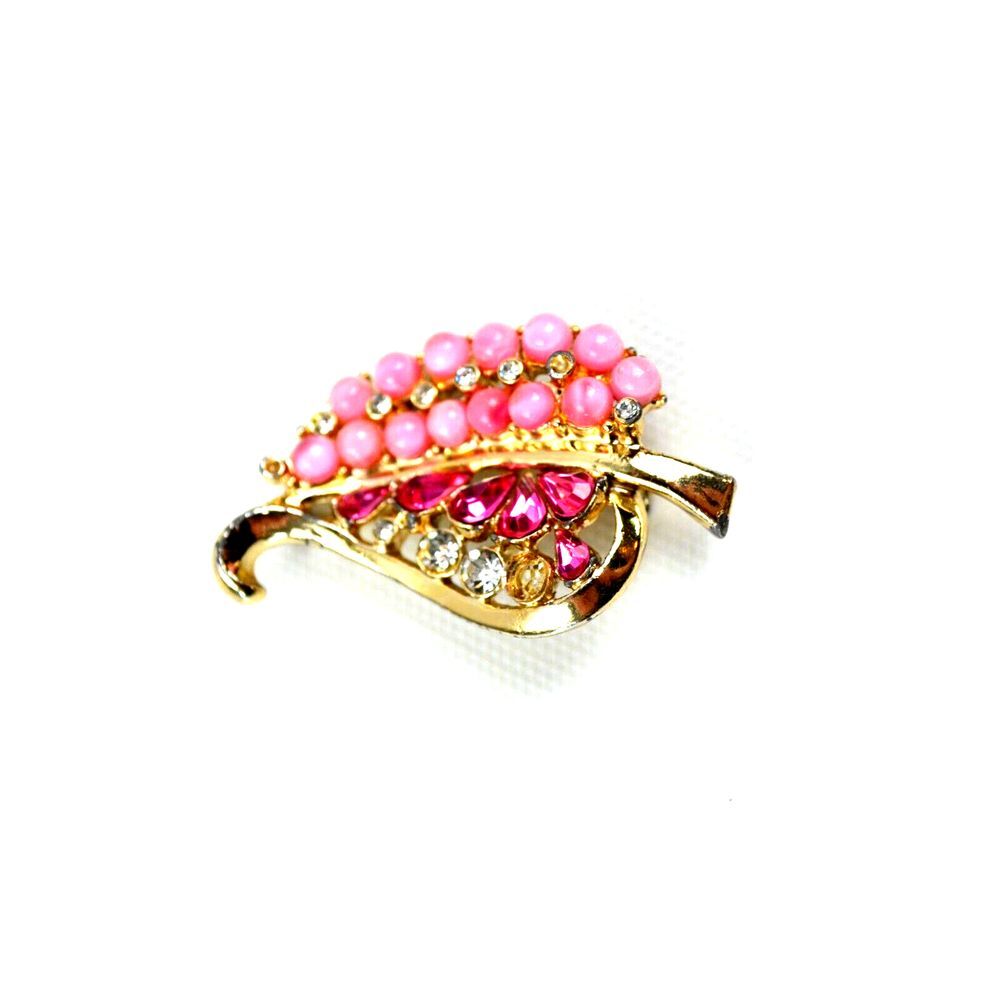 Vtg Gold Tone Leaf Shaped Pendant Pink & Clear Rhinestones Pink Iridescent Beads